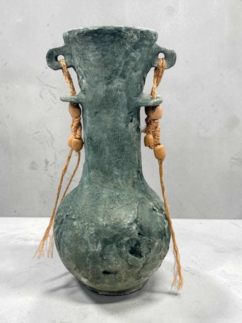 Vintage Rustic Green Amphora Vase Rope Wood Bead Handles Primitive Decor 13.75"